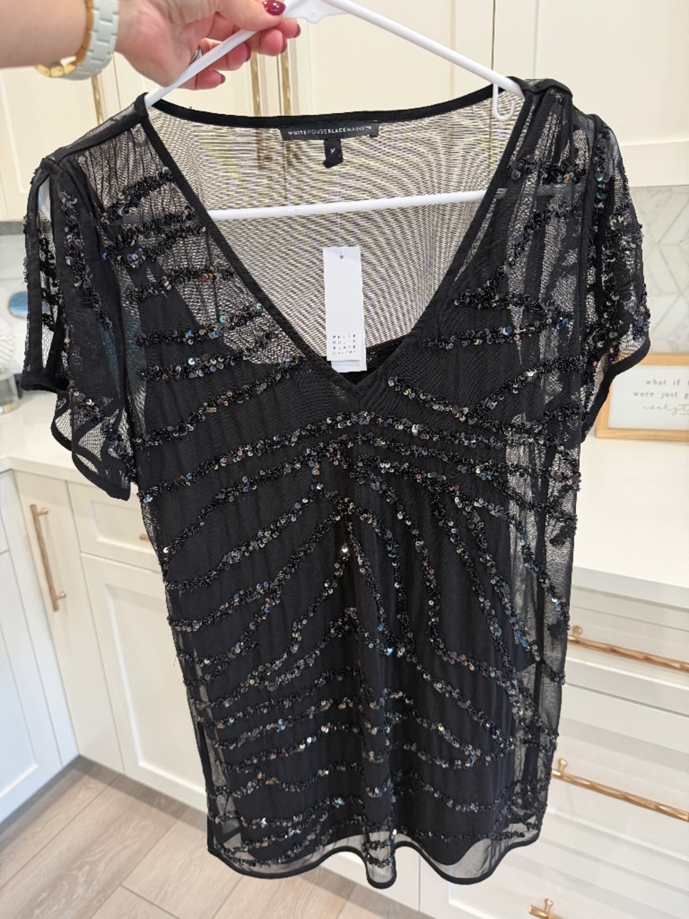 White House Black Market sequin black top, Women's M, NWT